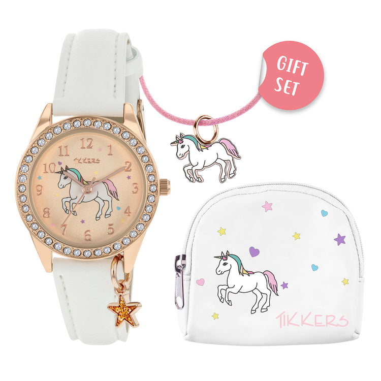 Tikkers White PU Strap Watch, Necklace & Purse Set