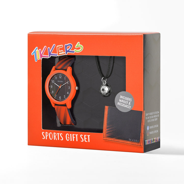 Tikkers Black & Orange Football Watch, Necklace and Wallet Gift Set
