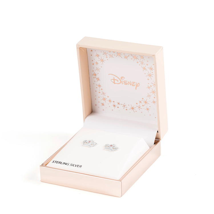 925 Sterling Silver Disney Princess Crown Pink Stone Set Stud Earrings