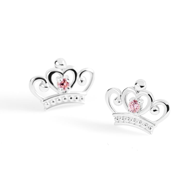 925 Sterling Silver Disney Princess Crown Pink Stone Set Stud Earrings