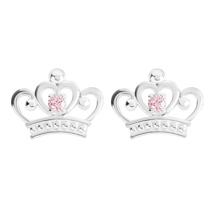 925 Sterling Silver Disney Princess Crown Pink Stone Set Stud Earrings