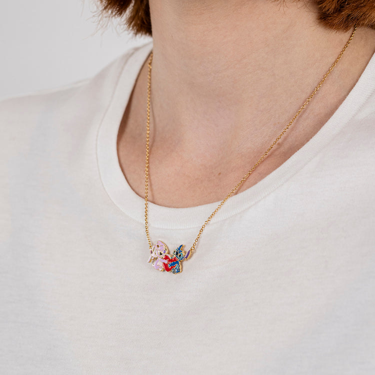 BRASS YG PLT 18" STITCH AND ANGEL ENAMEL HEART NECKLACE