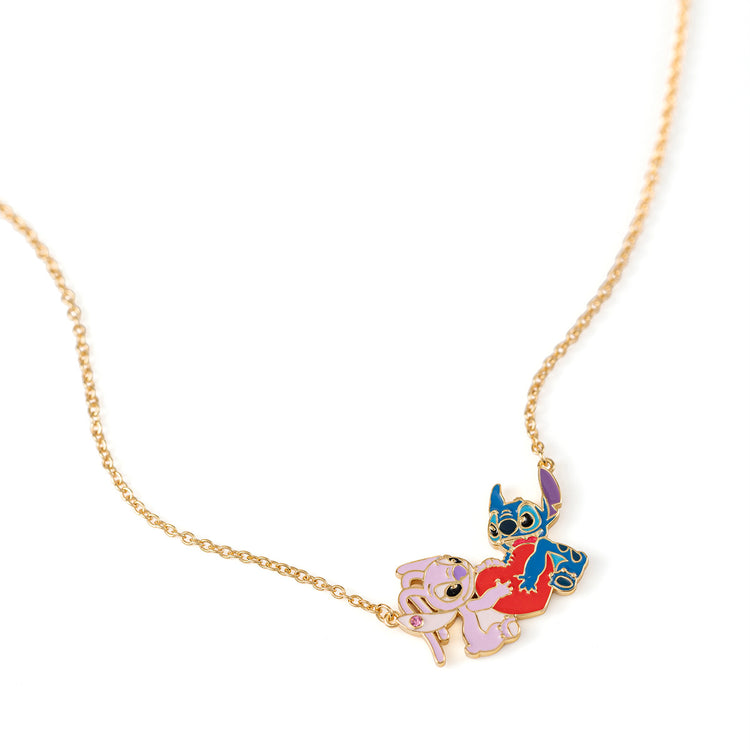BRASS YG PLT 18" STITCH AND ANGEL ENAMEL HEART NECKLACE