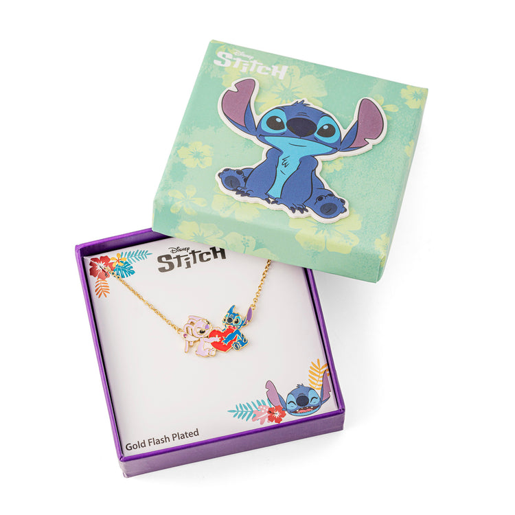 BRASS YG PLT 18" STITCH AND ANGEL ENAMEL HEART NECKLACE
