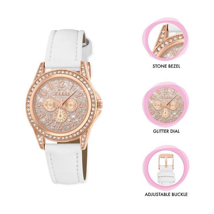 Tikkers White PU Strap Stone Set & Glitter Dial Watch