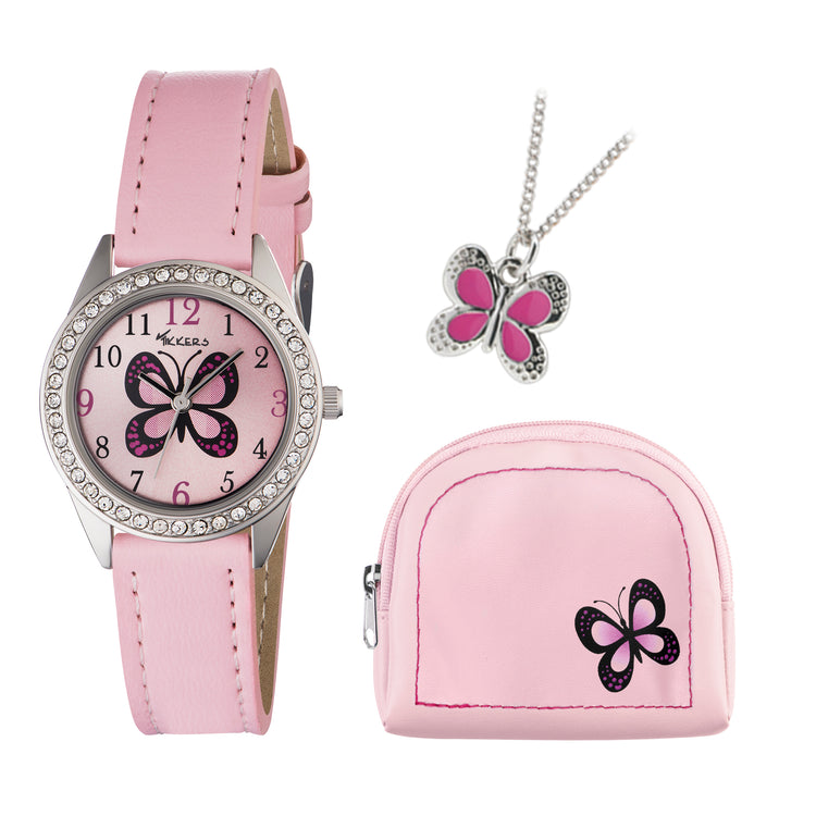 Tikkers Pink PU Strap Watch, Purse & Necklace Set