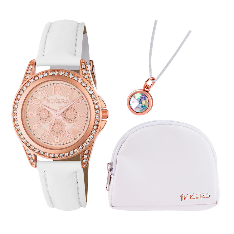 Tikkers White PU Strap Stone Set Watch, Necklace & Purse Set