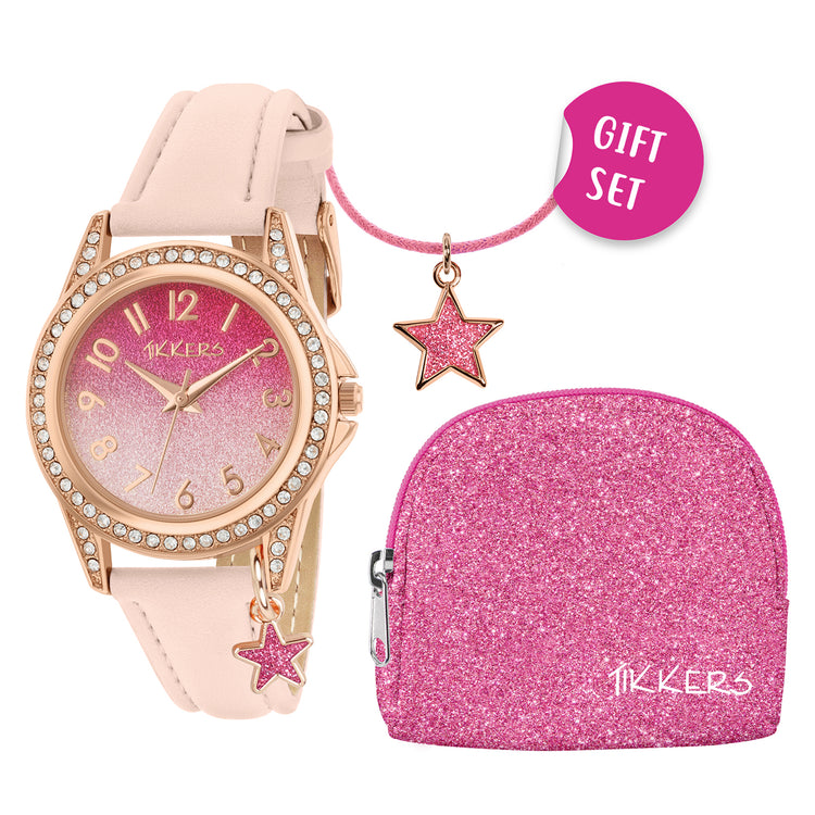 Tikkers PU Strap Pink Glitter Watch, Necklace & Purse Set