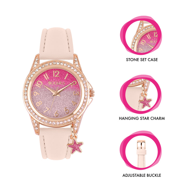 Tikkers PU Strap Pink Glitter Watch, Necklace & Purse Set