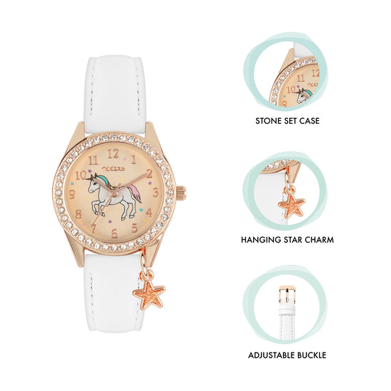 Tikkers White PU Strap Watch, Necklace & Purse Set
