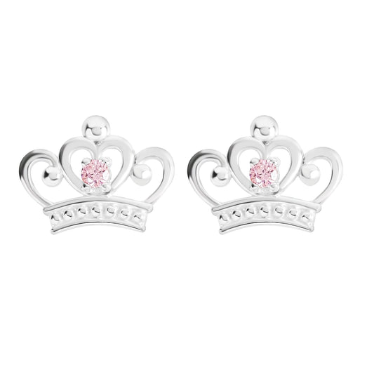 925 Sterling Silver Disney Princess Crown Pink Stone Set Stud Earrings