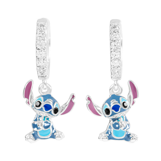 925 Sterling Silver Lilo and Stitch Stone Set Hoop Earrings