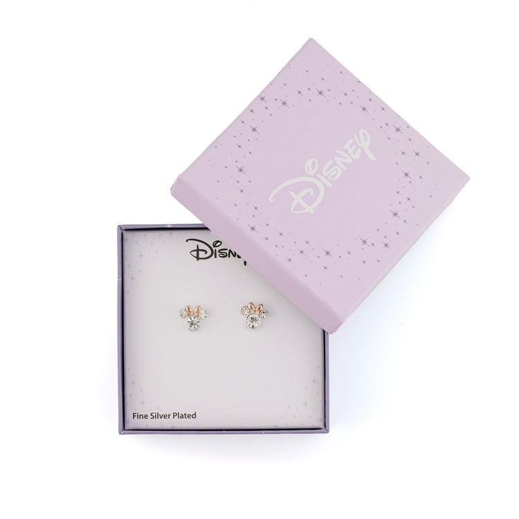 BRASS TT SLV PLT CRYSTAL MINNIE PINK BOW STUD EARRING