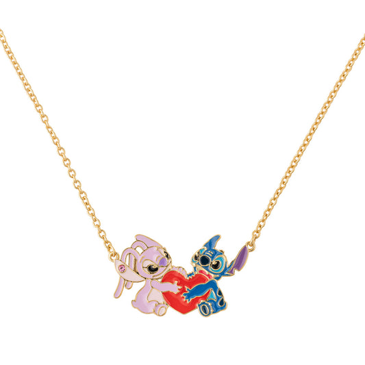 BRASS YG PLT 18" STITCH AND ANGEL ENAMEL HEART NECKLACE