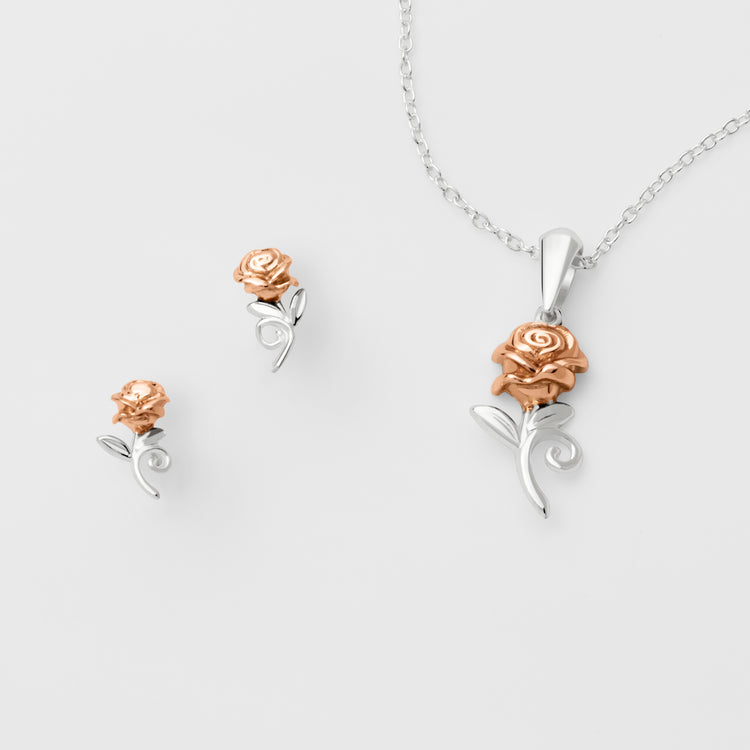 Beauty & The Beast Sterling Silver Rose Necklace and Earring Set