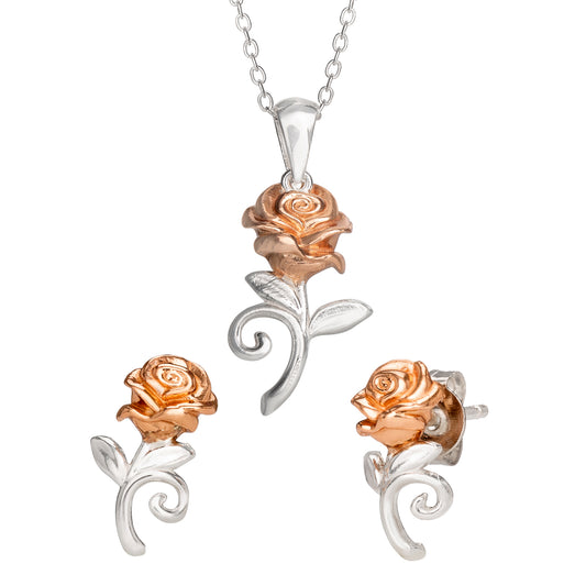 Beauty & The Beast Sterling Silver Rose Necklace and Earring Set