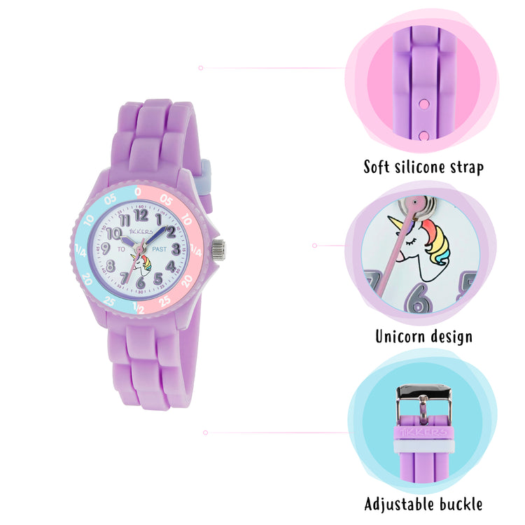 Tikkers Purple Silicone Unicorn Dial Time Teacher Watch