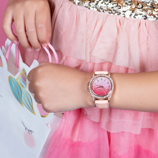 Tikkers Pink PU Strap Ombre Glitter Dial Watch