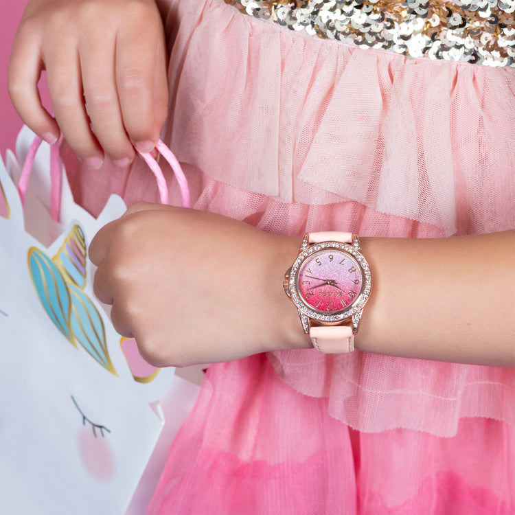 Tikkers Pink PU Strap Ombre Glitter Dial Watch